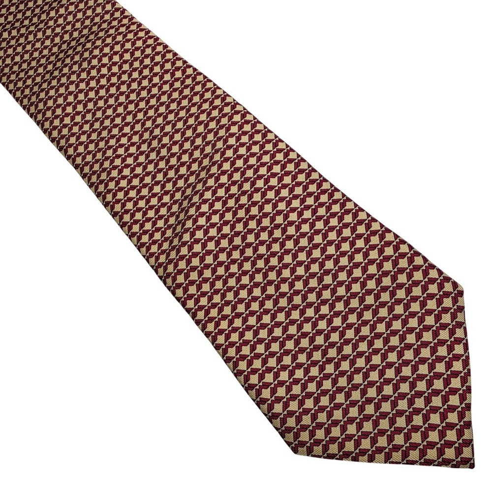Vineyard Vines Custom Collection Mens Burgundy Tan Geometric Pattern‎ Silk Tie